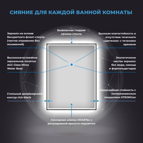 Прямоугольное зеркало с фронтальной LED-подсветкой Wellsee 7 Rays' Spectrum 172201180 (50*70 см, черный контур, сенсорная кнопка)