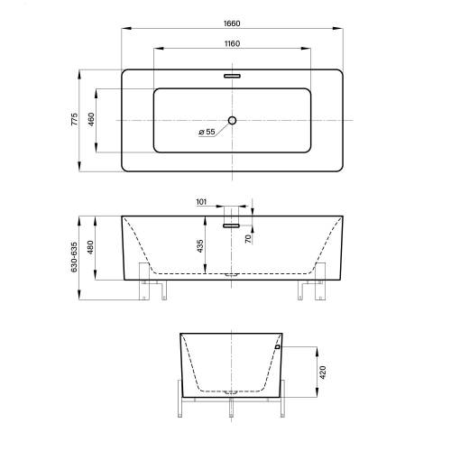 Отдельностоящая акриловая ванна на ножках Wellsee FR.Euphoria 230101002, 166*77,5 см Набор 3 в 1: ванна 230101000, декоративные ножки золото 231905000, экран.