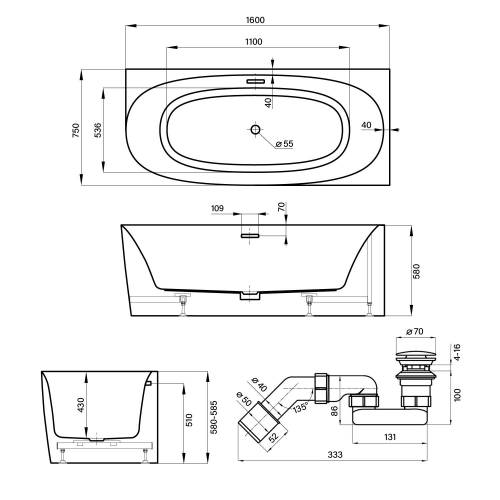 Пристенная акриловая ванна Wellsee Belle Spa 2.0 235803002, 160*75 см (правая) Набор 4 в 1: ванна 235803000, каркас, экран, слив-перелив глянцевый белый 231922000.