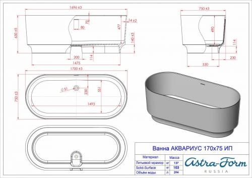 Ванна Astra-Form Аквариус 170*75 с интегрированным переливом
