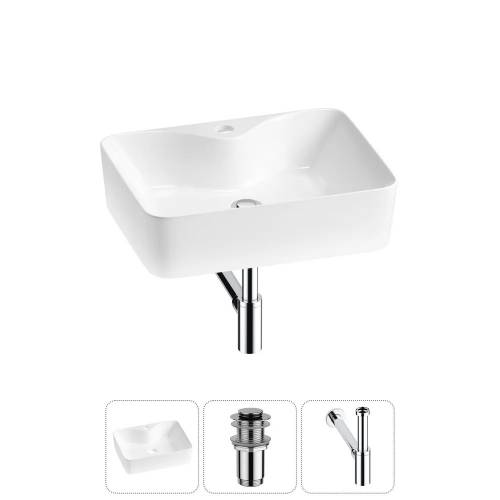 Накладная раковина на столешницу для ванной Lavinia Boho Sink 20215259R в наборе 3 в 1: раковина 48 см (белый глянец), донный клапан, сифон (цвет набора хром)