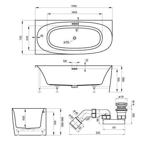 Пристенная акриловая ванна Wellsee Belle Spa 2.0 235805001, 170*75 см (левая) Набор 4 в 1: ванна 235805000, каркас, экран, слив-перелив хром 231921000.