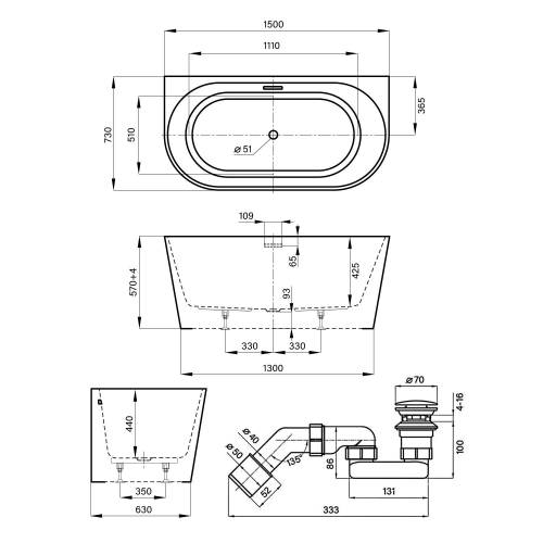 Пристенная  акриловая ванна Wellsee Excellence Pro 28760204R, 150*73 см, цвет белый  глянец. Набор 4 в 1: ванна 287602000, ножки, слив-перелив золото  231925000.