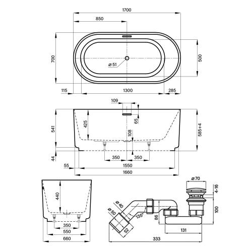 Отдельностоящая  акриловая ванна Wellsee Saint-Germain 28270203R, 170*70 см, цвет белый  глянец. Набор 4 в 1: ванна 282702000, ножки, экран, слив-перелив матовый  черный 231924000.