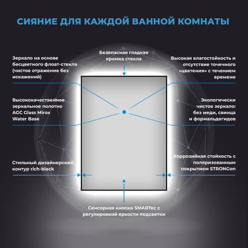 Прямоугольное зеркало с фоновой LED-подсветкой Wellsee 7 Rays' Spectrum 172200780 (40*60 см, черный контур, сенсорная кнопка)