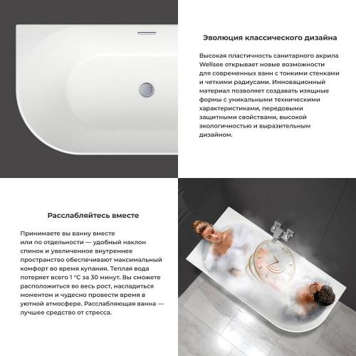 Пристенная акриловая ванна Wellsee Belle Spa 235701001, 150*75 см (левая) Набор 4 в 1: ванна 235701000, каркас, экран, слив-перелив хром 231921000.