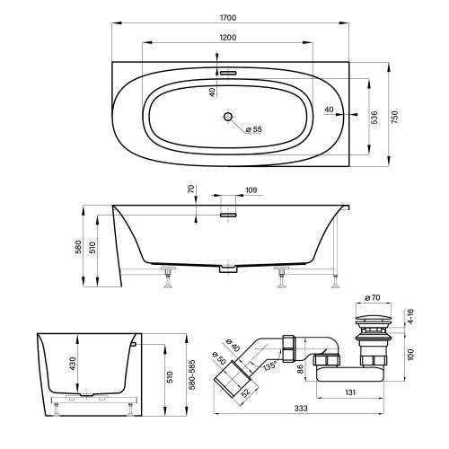 Пристенная акриловая ванна Wellsee Belle Spa 2.0 235806001, 170*75 см (правая) Набор 4 в 1: ванна 235806000, каркас, экран, слив-перелив хром 231921000.
