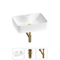 Накладная раковина на столешницу для ванной Lavinia Boho Sink 20215261R в наборе 3 в 1: раковина 48 см (белый глянец), донный клапан, сифон (цвет набора золото)