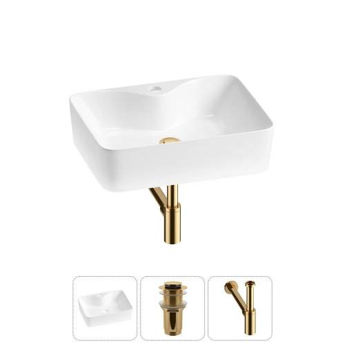 Накладная раковина на столешницу для ванной Lavinia Boho Sink 20215261R в наборе 3 в 1: раковина 48 см (белый глянец), донный клапан, сифон (цвет набора золото)