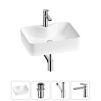 Накладная раковина на столешницу для ванной Lavinia Boho Sink 20215263R в наборе 4 в 1: раковина 48 см (белый глянец), донный клапан, сифон, смеситель (цвет набора хром)