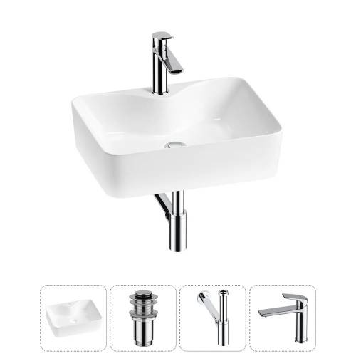 Накладная раковина на столешницу для ванной Lavinia Boho Sink 20215263R в наборе 4 в 1: раковина 48 см (белый глянец), донный клапан, сифон, смеситель (цвет набора хром)