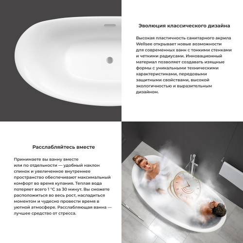 Отдельностоящая  акриловая ванна Wellsee Enjoy e Amedeo 23740101R, 175*83 см, цвет белый  глянец. Набор 4 в 1: ванна 237401000, ножки, экран, слив-перелив хром  231921000.
