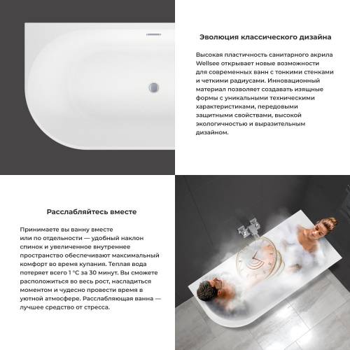 Пристенная  акриловая ванна Wellsee Excellence Pro 28761201R, 180*80 см, цвет белый  глянец. Набор 4 в 1: ванна 287612000, ножки, экран, слив-перелив хром  231921000.
