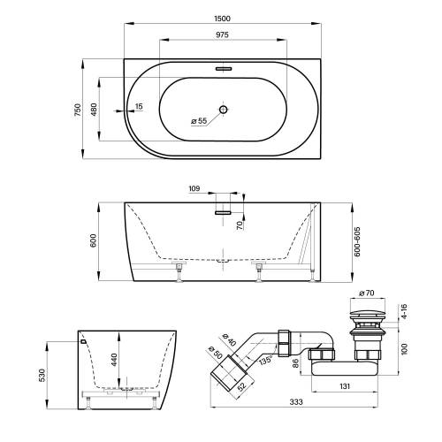 Пристенная акриловая ванна Wellsee Belle Spa 235702003, 150*75 см (правая) Набор 4 в 1: ванна 235702000, каркас, экран, слив-перелив матовый черный 231924000.