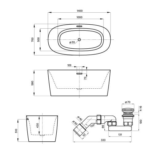Отдельностоящая акриловая ванна Wellsee Câlin 230201002, 140*70 см Набор 4 в 1: ванна 230201000, ножки, экран, слив-перелив глянцевый белый 231922000.