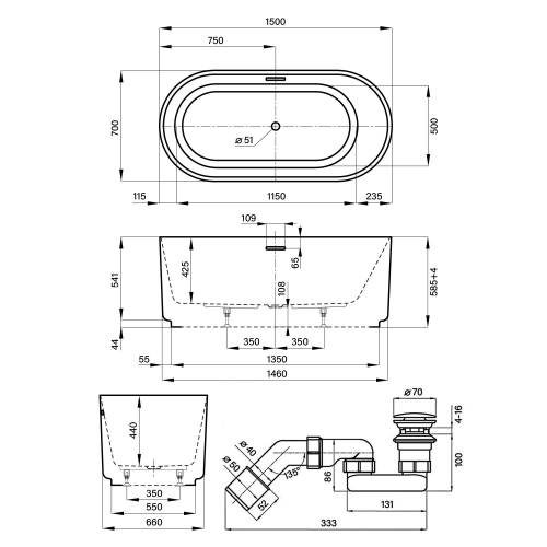 Отдельностоящая  акриловая ванна Wellsee Saint-Germain 28270103R, 150*70 см, цвет белый  глянец. Набор 4 в 1: ванна 282701000, ножки, экран, слив-перелив матовый  черный 231924000.