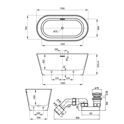Отдельностоящая  акриловая ванна Wellsee Shell 28170302R, 170*75 см, цвет белый глянец.  Набор 4 в 1: ванна 281703000, ножки, экран, слив-перелив глянцевый белый  231922000.