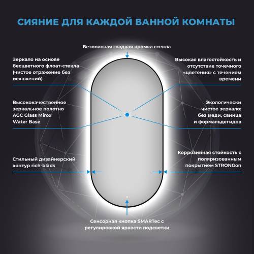 Овальное зеркало с фоновой LED-подсветкой Wellsee 7 Rays' Spectrum 172201500 (40*80 см, черный контур, сенсорная кнопка)