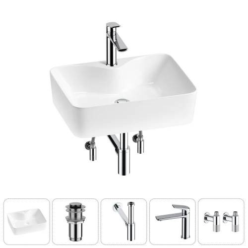 Накладная раковина на столешницу для ванной Lavinia Boho Sink 20215267R в наборе 5 в 1: раковина 48 см (белый глянец), донный клапан, сифон, смеситель, вентили (цвет набора хром)