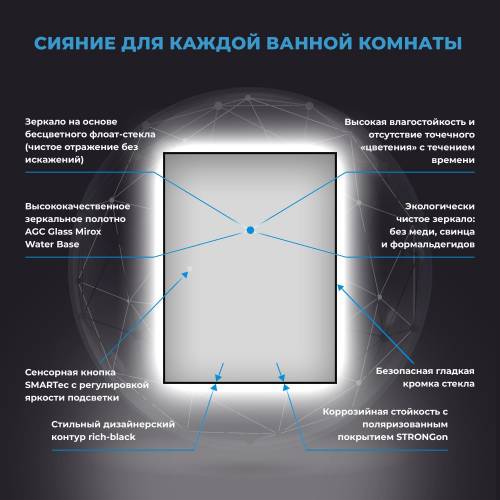 Прямоугольное зеркало с фоновой LED-подсветкой Wellsee 7 Rays' Spectrum 172201020 (70*100 см, черный контур, сенсорная кнопка)