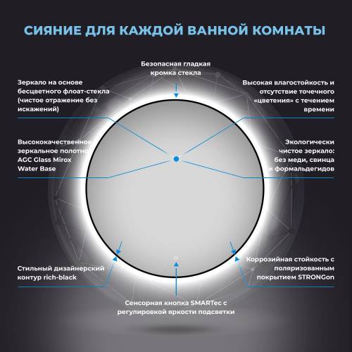 Круглое зеркало с фоновой LED-подсветкой Wellsee 7 Rays' Spectrum 172200120 (D = 65 см, черный контур, сенсорная кнопка)