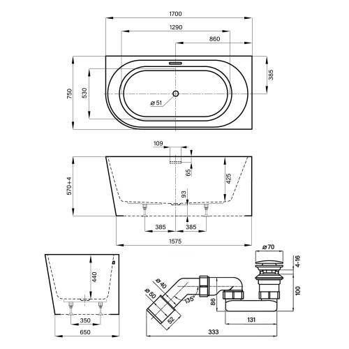 Пристенная  акриловая ванна Wellsee Excellence Pro 28761103R, 170*75 см, цвет белый  глянец. Набор 4 в 1: ванна 287611000, ножки, экран, слив-перелив  матовый черный 231924000.