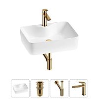 Накладная раковина на столешницу для ванной Lavinia Boho Sink 20215265R в наборе 4 в 1: раковина 48 см (белый глянец), донный клапан, сифон, смеситель (цвет набора золото)
