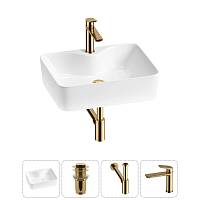Накладная раковина на столешницу для ванной Lavinia Boho Sink 20215265R в наборе 4 в 1: раковина 48 см (белый глянец), донный клапан, сифон, смеситель (цвет набора золото)
