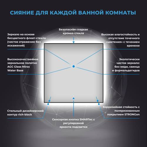 Квадратное зеркало с фронтальной LED-подсветкой Wellsee 7 Rays' Spectrum 172200400 (50*50 см, черный контур, сенсорная кнопка)