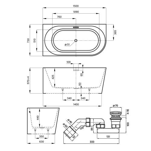 Пристенная  акриловая ванна Wellsee Excellence Pro 28760602R, 150*73 см, цвет белый  глянец. Набор 4 в 1: ванна 287606000, ножки, экран, слив-перелив  глянцевый белый 231922000.