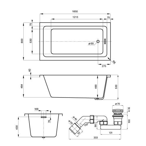 Акриловая  ванна Wellsee FreeDom 2.0 23300201R, 165*80 см, в комплекте интегрированный слив-перелив хром
