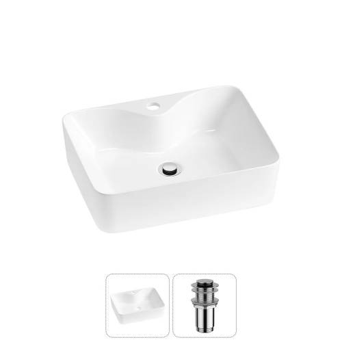 Накладная раковина на столешницу для ванной Lavinia Boho Sink 20215255R в наборе 2 в 1: раковина 48 см (белый глянец), донный клапан в цвете хром