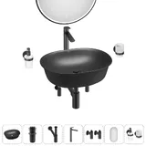 Накладная раковина для ванной 50 см Wellsee Brillant iCon 20218735R в наборе 7 в 1: раковина (матовый черный), донный клапан, сифон, смеситель, вентили 2 шт, зеркало, аксессуары (набор матовый черный)