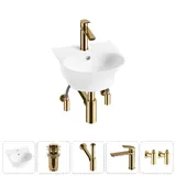 Подвесная раковина для ванной или туалета Lavinia Boho Sink 20216651R в наборе 5 в 1: маленькая раковина 34 см (белый глянец), донный клапан, сифон, смеситель, вентили (цвет набора золото)