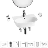 Подвесная раковина для ванной Lavinia Boho Sink 20219937R в наборе 7 в 1: керамическая раковина 55 см (белый глянец), донный клапан, сифон, смеситель, вентили, зеркало, аксессуары (хром)