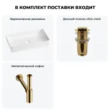 Накладная раковина для ванной 60 см Wellsee FreeDom 2.0 20214541R в наборе 3 в 1: раковина (белый глянец), донный клапан, сифон (цвет набора золото)