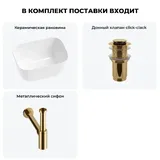 Глубокая раковина для ванной Wellsee Fontenay Paris 20214073R в наборе 3 в 1: накладная раковина 45 см (белый глянец), донный клапан, сифон (цвет набора золото)