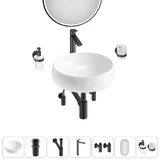 Раковина чаша для ванной накладная Lavinia Boho Bathroom Sink 20219238R в наборе 7 в 1: раковина 36 см (белый глянец), донный клапан, сифон, смеситель, вентили, зеркало, аксессуары (матовый черный)