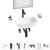 Накладная раковина для ванной 46 см Lavinia Boho Sink 20219318R в наборе 7 в 1: узкая раковина (белый глянец), донный клапан, сифон, смеситель, вентили, зеркало, аксессуары (матовый черный)