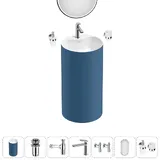 Напольная раковина для ванной Wellsee Chalice Perfection 20220116R в наборе 7 в 1: отдельностоящая раковина (темно-синий / белый), донный клапан, сифон, смеситель, вентили, зеркало, аксессуары