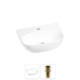 Подвесная раковина для ванной или туалета Wellsee WC Area 20212187R в наборе 2 в 1: мини раковина 42 см (белый глянец), донный клапан в цвете золото