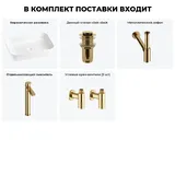 Накладная раковина для ванной 60 см Wellsee Preen 20214261R в наборе 5 в 1: раковина (белый глянец), донный клапан, сифон, смеситель, вентили 2 шт (цвет набора золото)
