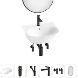 Подвесная раковина для ванной Lavinia Boho Sink 20219920R в наборе 6 в 1: керамическая раковина 46 см (белый глянец), донный клапан, сифон, смеситель, вентили, зеркало (набор матовый черный)