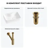 Накладная раковина на столешницу для ванной Lavinia Boho Sink 20215261R в наборе 3 в 1: раковина 48 см (белый глянец), донный клапан, сифон (цвет набора золото)