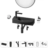 Подвесная мини раковина в туалет Lavinia Boho Sink 20219665R в наборе 7 в 1: настенная раковина 50 см, донный клапан, сифон, смеситель, вентили 2 шт, зеркало, аксессуары (матовый черный)
