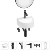 Подвесная раковина для туалета или ванной Wellsee WC Area 20218152R в наборе 6 в 1: мини раковина 32 см (белый глянец), донный клапан, сифон, смеситель, вентили, зеркало (цвет набора матовый черный)