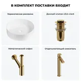 Накладная раковина для ванной Wellsee Coax 20213905R в наборе 4 в 1: раковина 40 см (белый глянец), донный клапан, сифон, смеситель (цвет набора золото)