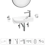 Подвесная мини раковина в туалет Lavinia Boho Sink 20219671R в наборе 7 в 1: настенная раковина 50 см (белый глянец), донный клапан, сифон, смеситель, вентили 2 шт, зеркало, аксессуары (хром)
