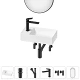Маленькая раковина в туалет Wellsee WC Area 20218136R в наборе 6 в 1: узкая мини-раковина 41 см (матовый белый), донный клапан, сифон, смеситель, вентили, зеркало (цвет набора матовый черный)