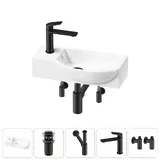 Подвесная мини раковина в туалет Lavinia Boho Sink 20216090R в наборе 5 в 1: настенная раковина 45 см (белый глянец), донный клапан, сифон, смеситель, вентили (цвет набора матовый черный)